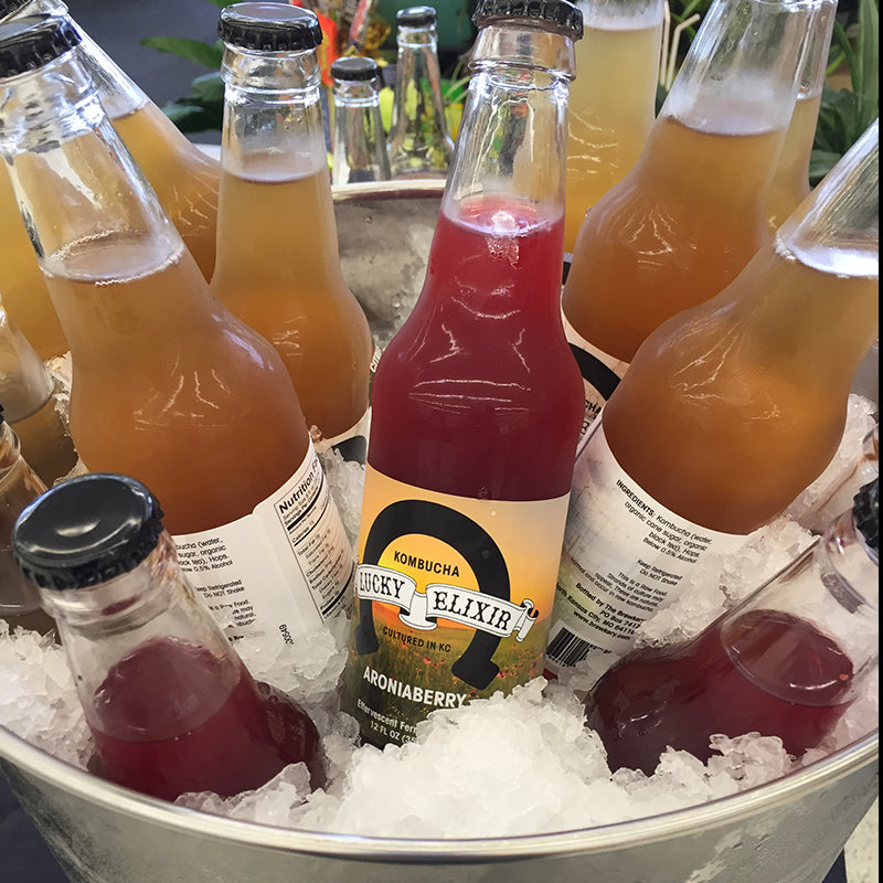 Bottles of Kombucha Elixir in an ice bucket