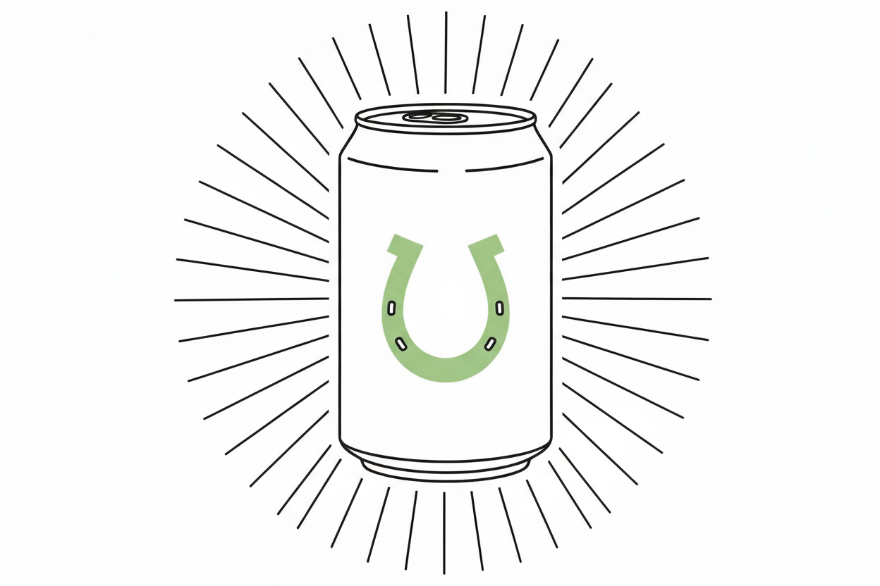 Line drawing of a can with a green horseshoe and lines radiating from the outside.