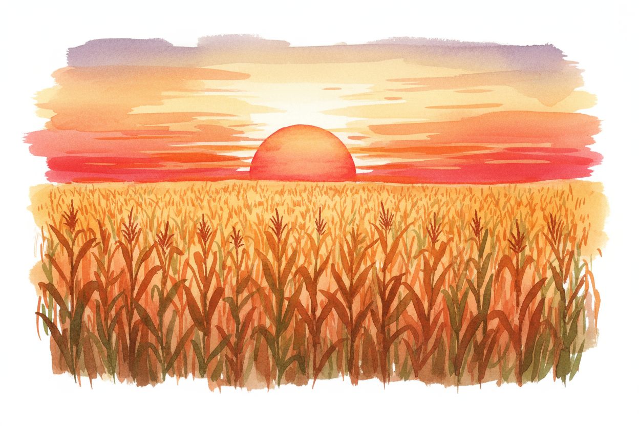 Color illustration of a sunset over a cornfield.