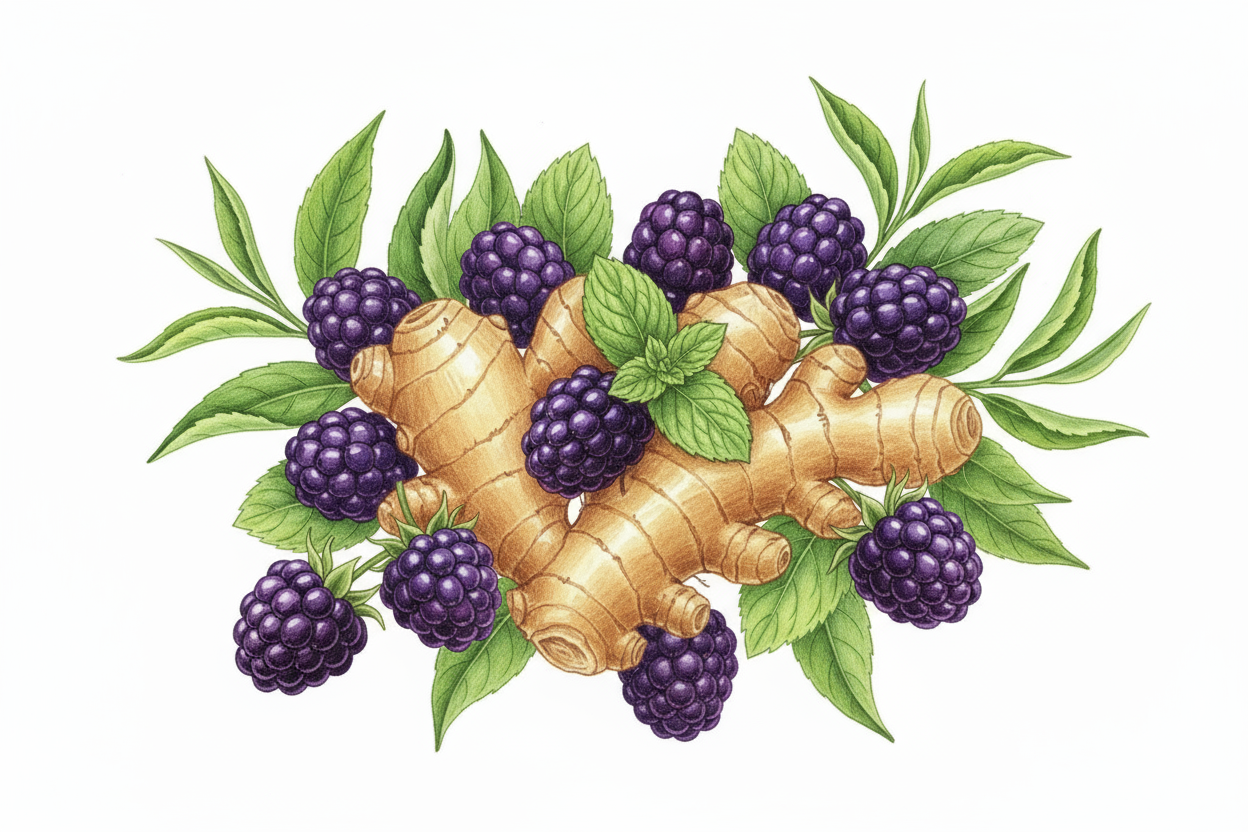 Color illustrations of ginger root, blackberries, mint leaves and tea leaves.