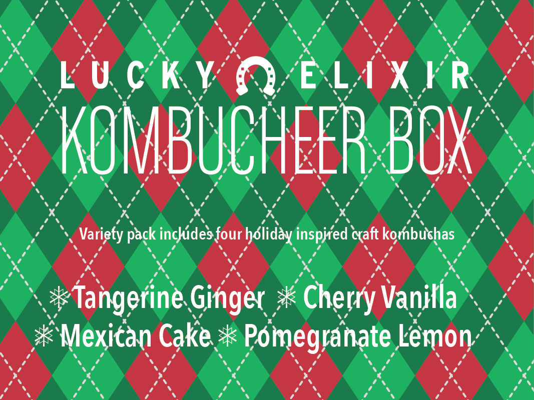 Lucky Elixir Kombucheer Box packaging with a red and green diamond pattern highlighting four flavors.