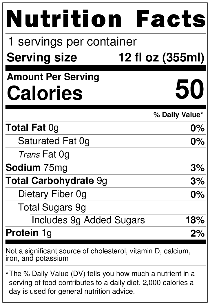Nutrition facts label for a 12 fl oz (355ml) container with 50 calories per serving.